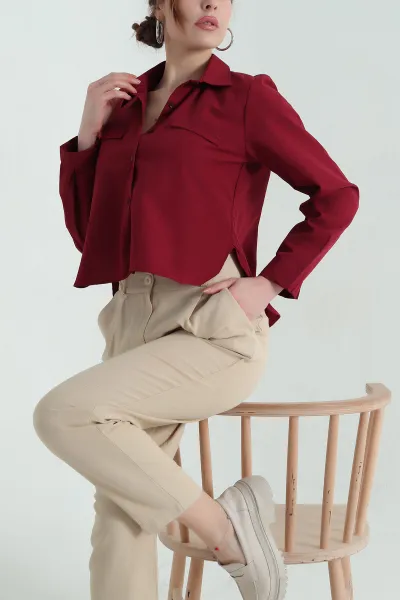 Bordo Poplin Bayan Crop Gömlek 336963