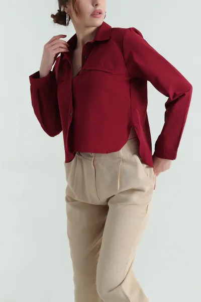 Bordo Poplin Bayan Crop Gömlek 336963