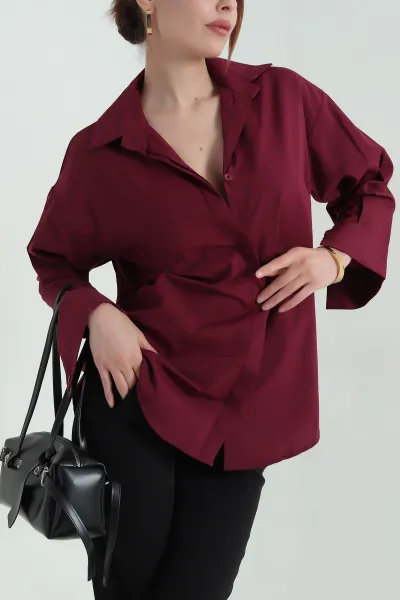 Bordo Poplin Kumaş Gizli Pat Kadın Gömlek 367249