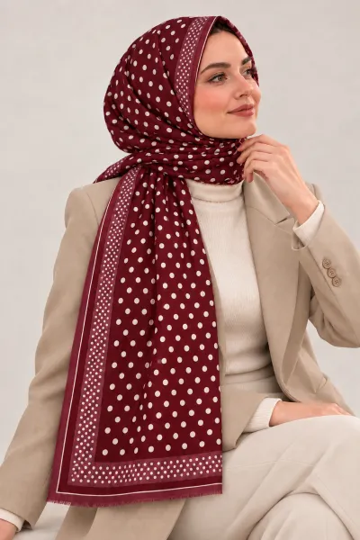 Bordo İthal Çift Taraflı Baskılı Puantiye Desenli Kadın Şal 90x180 cm 493971