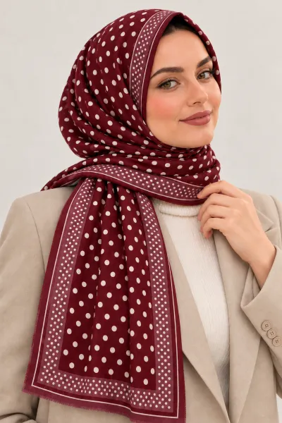Bordo İthal Çift Taraflı Baskılı Puantiye Desenli Kadın Şal 90x180 cm 493971