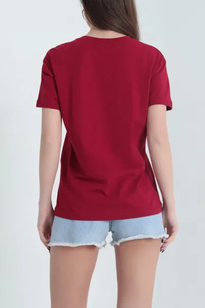 Bordo Pul Nakış İşlemeli Süprem Kadın Tişört 344686