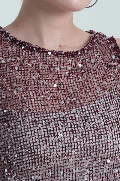 Bordo Pullu File Tasarım Kadın Bluz 473135