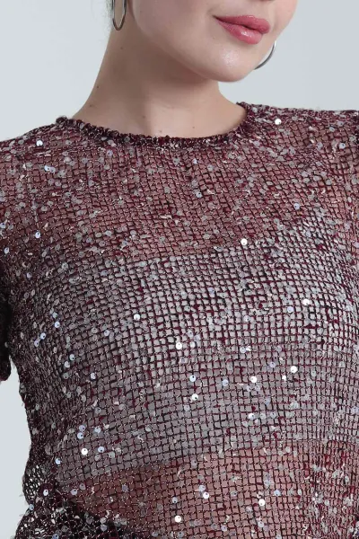 Bordo Pullu Tasarım File Tasarım Kadın Bluz 473170