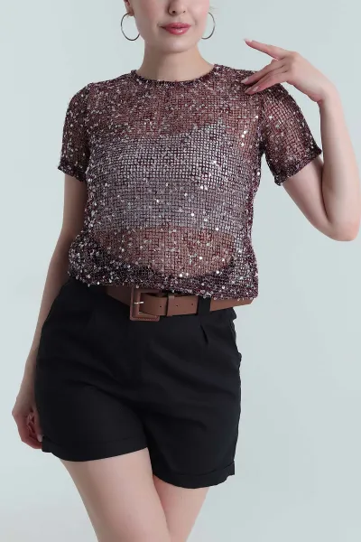 Bordo Pullu Tasarım File Tasarım Kadın Bluz 473170