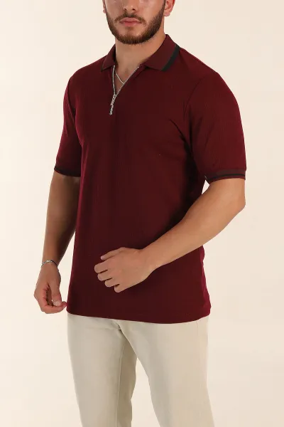 Bordo Regular Fit Dokulu Fermuarlı Polo Yaka Erkek Triko Tişört 370056