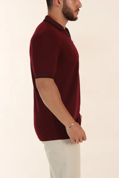 Bordo Regular Fit Dokulu Fermuarlı Polo Yaka Erkek Triko Tişört 370056