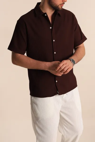 Bordo Regular Fit Fitilli Doku Kısa Kollu Erkek Gömlek 275490
