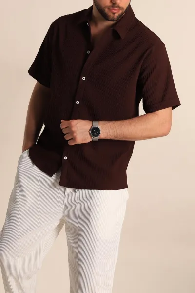 bordo-regular-fit-fitilli-doku-kisa-kollu-erkek-gomlek-275490