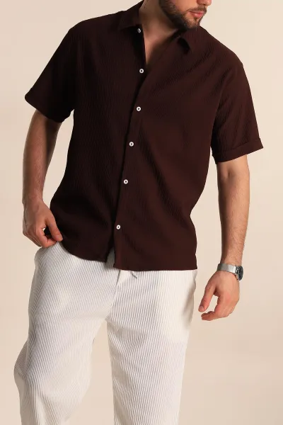 Bordo Regular Fit Fitilli Doku Kısa Kollu Erkek Gömlek 275490