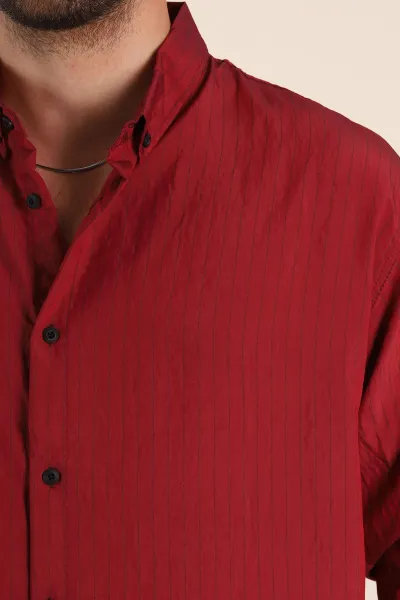 Bordo Regular Fit İnce Çizgili Uzun Kollu Erkek Gömlek 369339