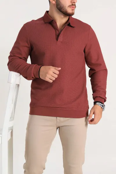 Bordo Regular Fit Pike Dokulu Polo Yaka Sweatshirt 305443