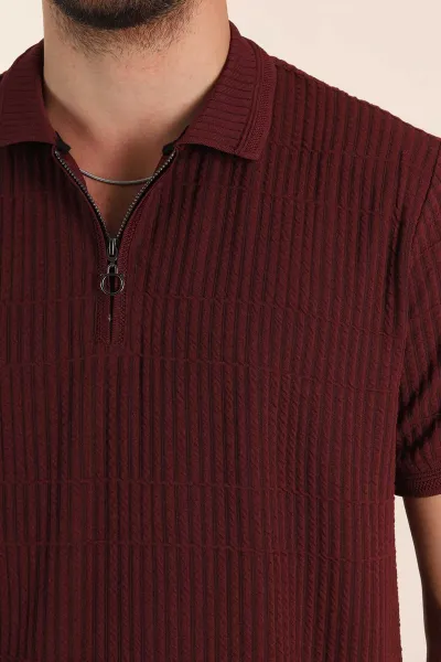 Bordo Relaxed Fit Çizgi Detaylı Fermuarlı Polo Yaka Erkek Tişört 370328