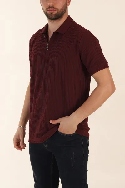 Bordo Relaxed Fit Çizgi Detaylı Fermuarlı Polo Yaka Erkek Tişört 370328