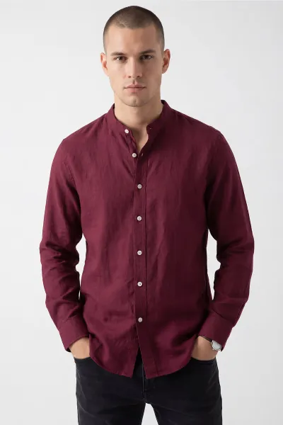 Bordo Relaxed Fit Hakim Yaka Uzun Kollu Erkek Gömlek 445644