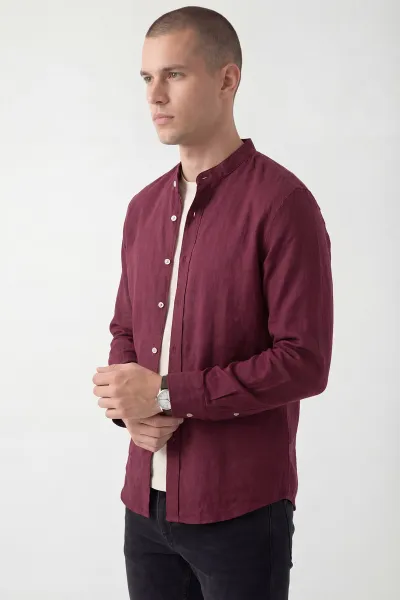 Bordo Relaxed Fit Hakim Yaka Uzun Kollu Erkek Gömlek 445644