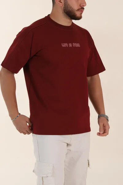 Bordo Relaxed Fit İnterlok Kumaş Yazı Detaylı Erkek Tişört 359313