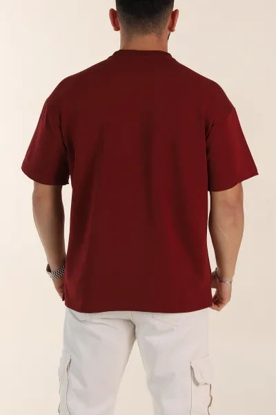 Bordo Relaxed Fit İnterlok Kumaş Yazı Detaylı Erkek Tişört 359313