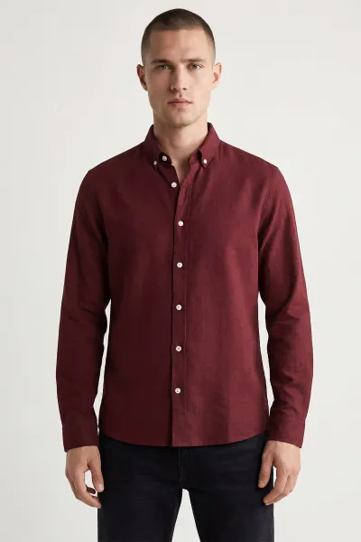 Bordo Relaxed Fit Keten Ata Yaka Erkek Gömlek 435841