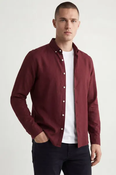 Bordo Relaxed Fit Keten Ata Yaka Erkek Gömlek 435841
