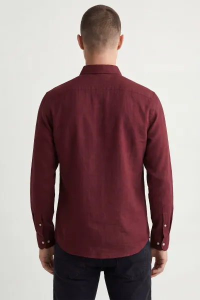 Bordo Relaxed Fit Keten Ata Yaka Erkek Gömlek 435841