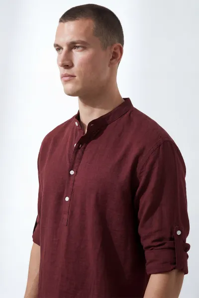 Bordo Relaxed Fit Keten Yarım Düğmeli Hakim Yaka Erkek Gömlek 435880