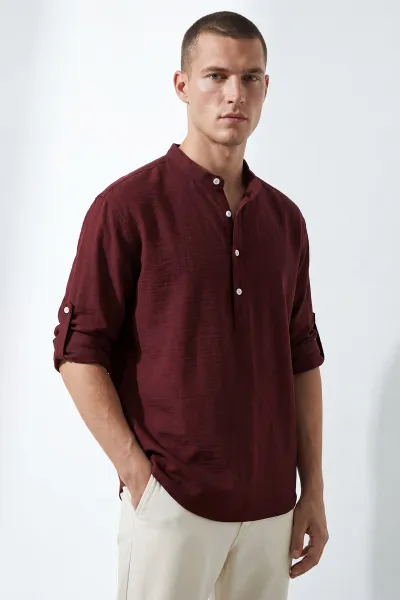 bordo-relaxed-fit-keten-yarim-dugmeli-hakim-yaka-erkek-gomlek-435880