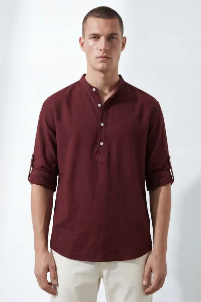 Bordo Relaxed Fit Keten Yarım Düğmeli Hakim Yaka Erkek Gömlek 435880