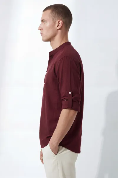 Bordo Relaxed Fit Keten Yarım Düğmeli Hakim Yaka Erkek Gömlek 435880