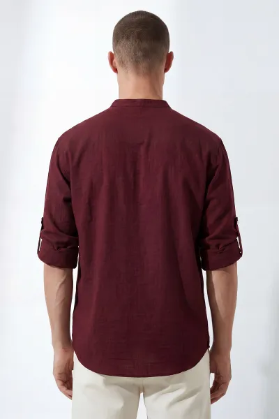 Bordo Relaxed Fit Keten Yarım Düğmeli Hakim Yaka Erkek Gömlek 435880