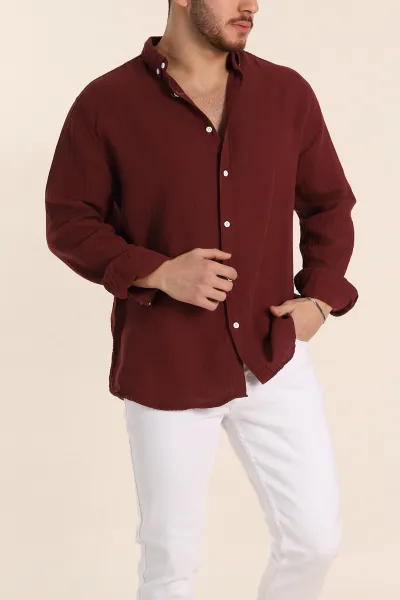 bordo-relaxed-fit-muslin-keten-ata-yaka-erkek-gomlek-339153