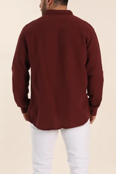 Bordo Relaxed Fit Müslin Keten Ata Yaka Erkek Gömlek 339153