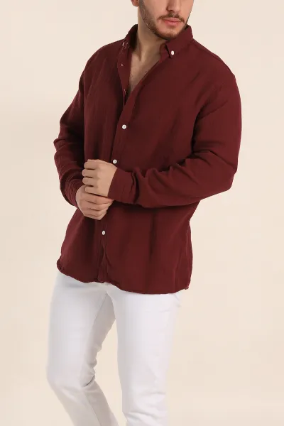 Bordo Relaxed Fit Müslin Keten Ata Yaka Erkek Gömlek 339153
