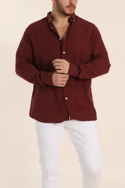 Bordo Relaxed Fit Müslin Keten Ata Yaka Erkek Gömlek 339153