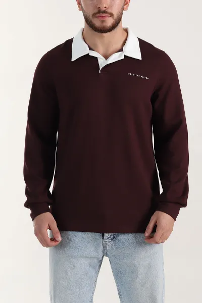 Bordo Relaxed Fit Oysho Kumaş Kabartma Yazılı Polo Yaka Erkek Sweatshirt 399586