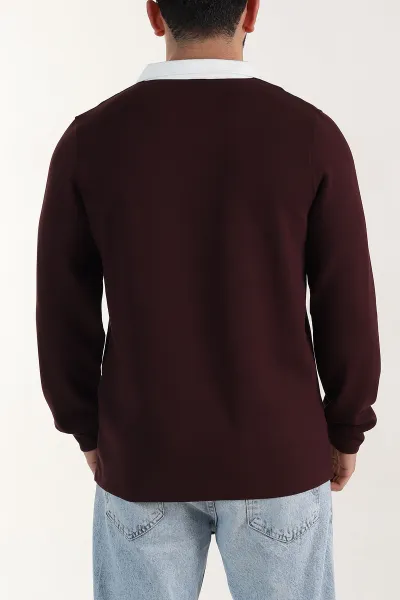 Bordo Relaxed Fit Oysho Kumaş Kabartma Yazılı Polo Yaka Erkek Sweatshirt 399586