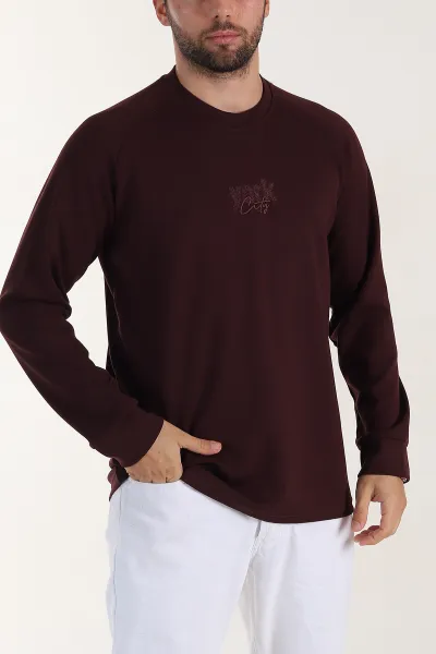 Bordo Relaxed Fit Oysho Kumaş Nakış Detaylı Erkek Sweatshirt 399467