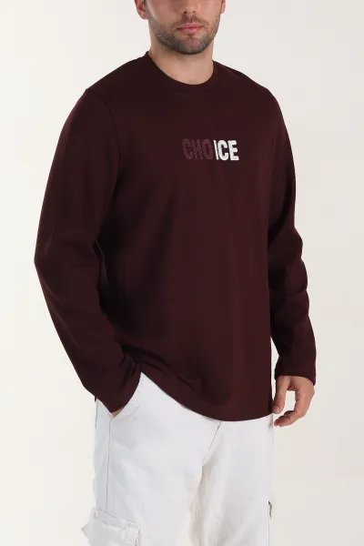 Bordo Relaxed Fit Oysho Kumaş Nakışlı Yazı Detay Erkek Sweatshirt 399388