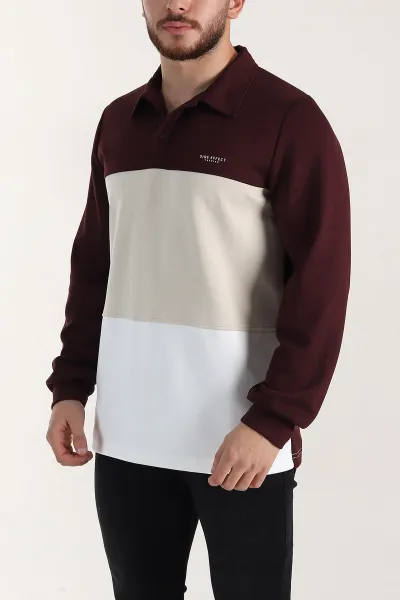 Bordo Relaxed Fit Oysho Kumaş Üç Renkli Polo Yaka Sweatshirt 399541