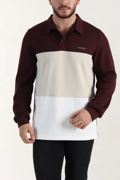 Bordo Relaxed Fit Oysho Kumaş Üç Renkli Polo Yaka Sweatshirt 399541