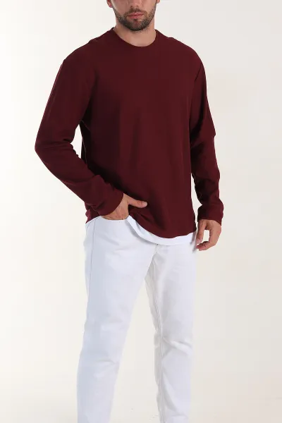 bordo-relaxed-fit-pike-dokulu-basic-erkek-sweatshirt-398894