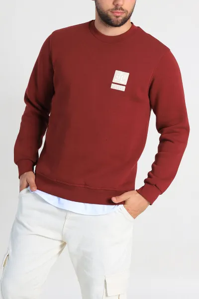 Bordo Relaxed Fit Üç İp Şardonlu Kabartma Detaylı Erkek Sweatshirt 309877