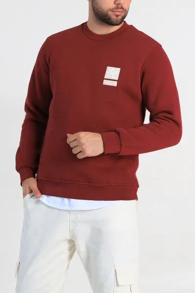 Bordo Relaxed Fit Üç İp Şardonlu Kabartma Detaylı Erkek Sweatshirt 309877