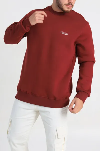 Bordo Relaxed Fit Üç İp Şardonlu Kabartma Yazı Detay Erkek Sweatshirt 310404