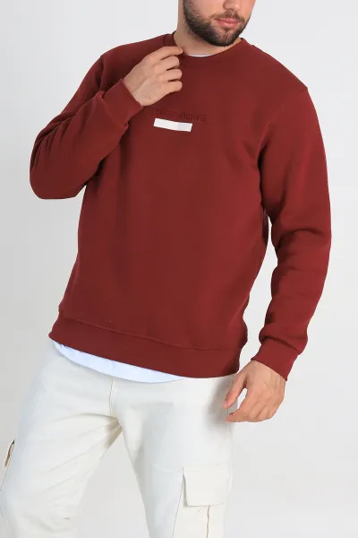 Bordo Relaxed Fit Üç İp Şardonlu Yazı Detaylı Erkek Sweatshirt 310485