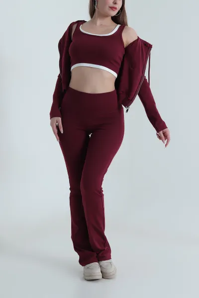 Bordo Ribana Likralı Kadın Üçlü Takım 489589