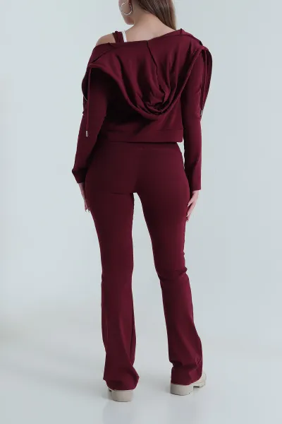 Bordo Ribana Likralı Kadın Üçlü Takım 489589