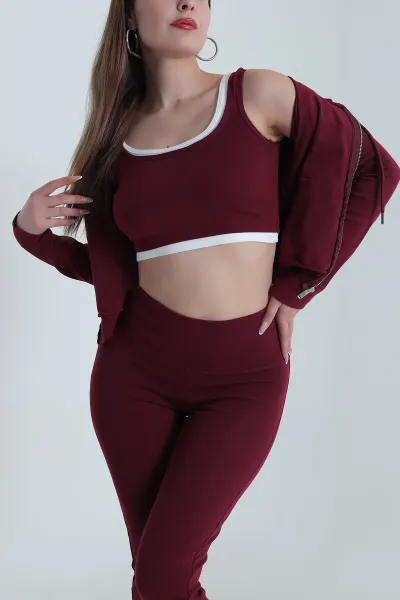 Bordo Ribana Likralı Kadın Üçlü Takım 489589