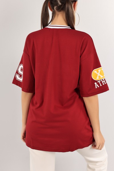 Bordo Ribanalı Baskılı Tişört 121747