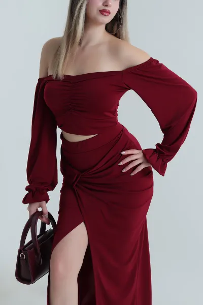 Bordo Sandy Crop Etek Kadın İkili Takım 488675